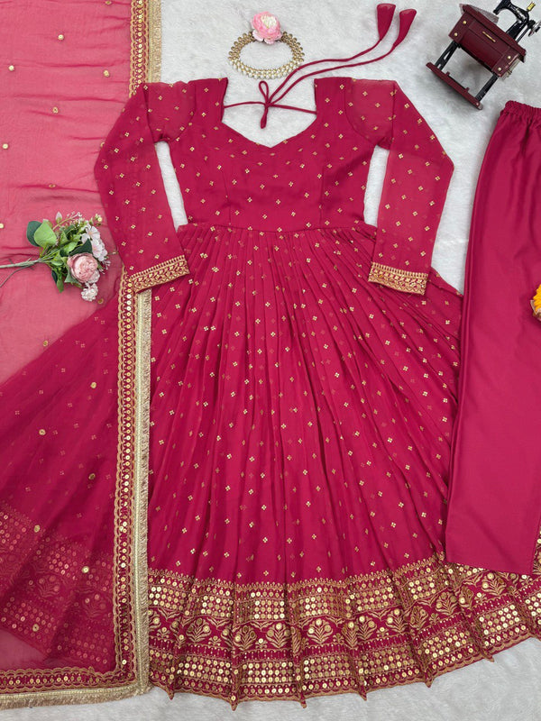 Dark Pink Elegant Thread & Sequin Work Georgette Suit Set