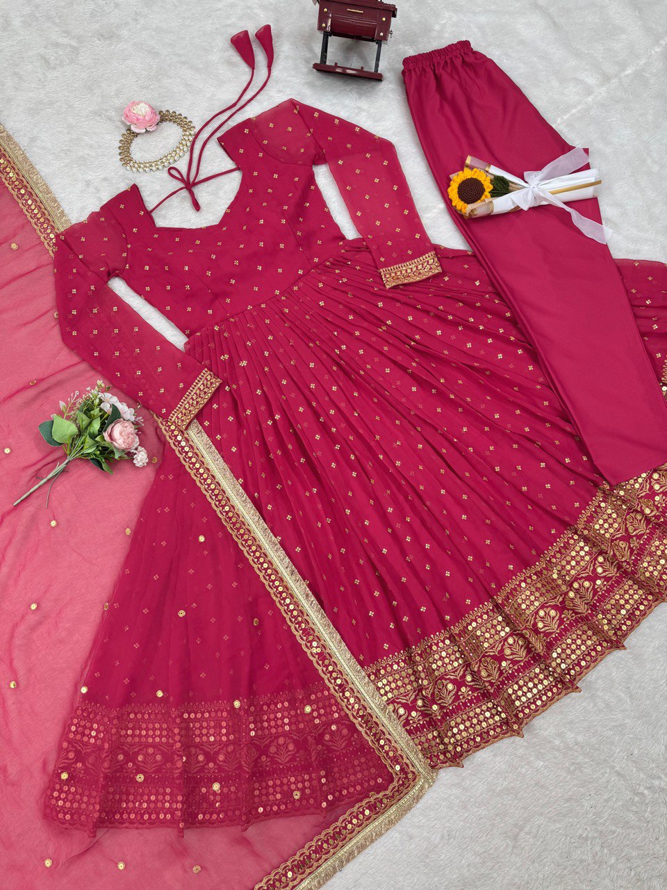 Dark Pink Elegant Thread & Sequin Work Georgette Suit Set