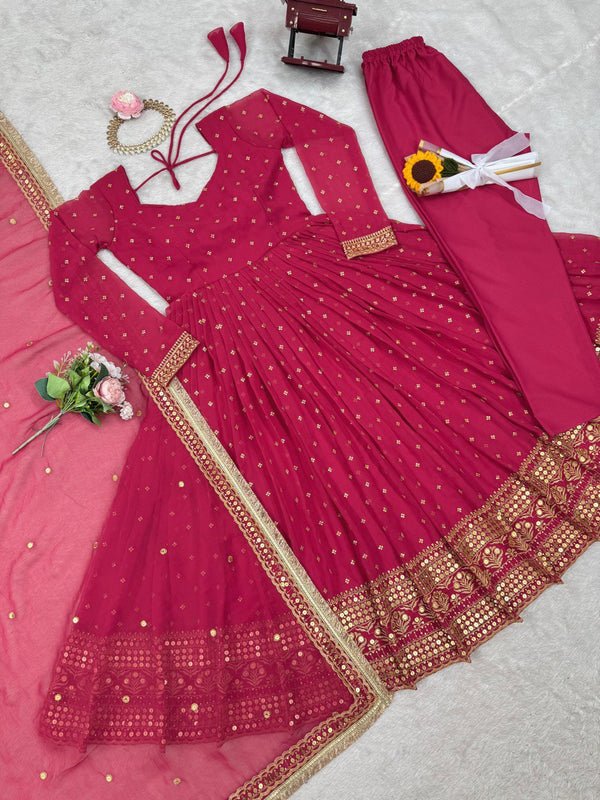 Dark Pink Elegant Thread & Sequin Work Georgette Suit Set