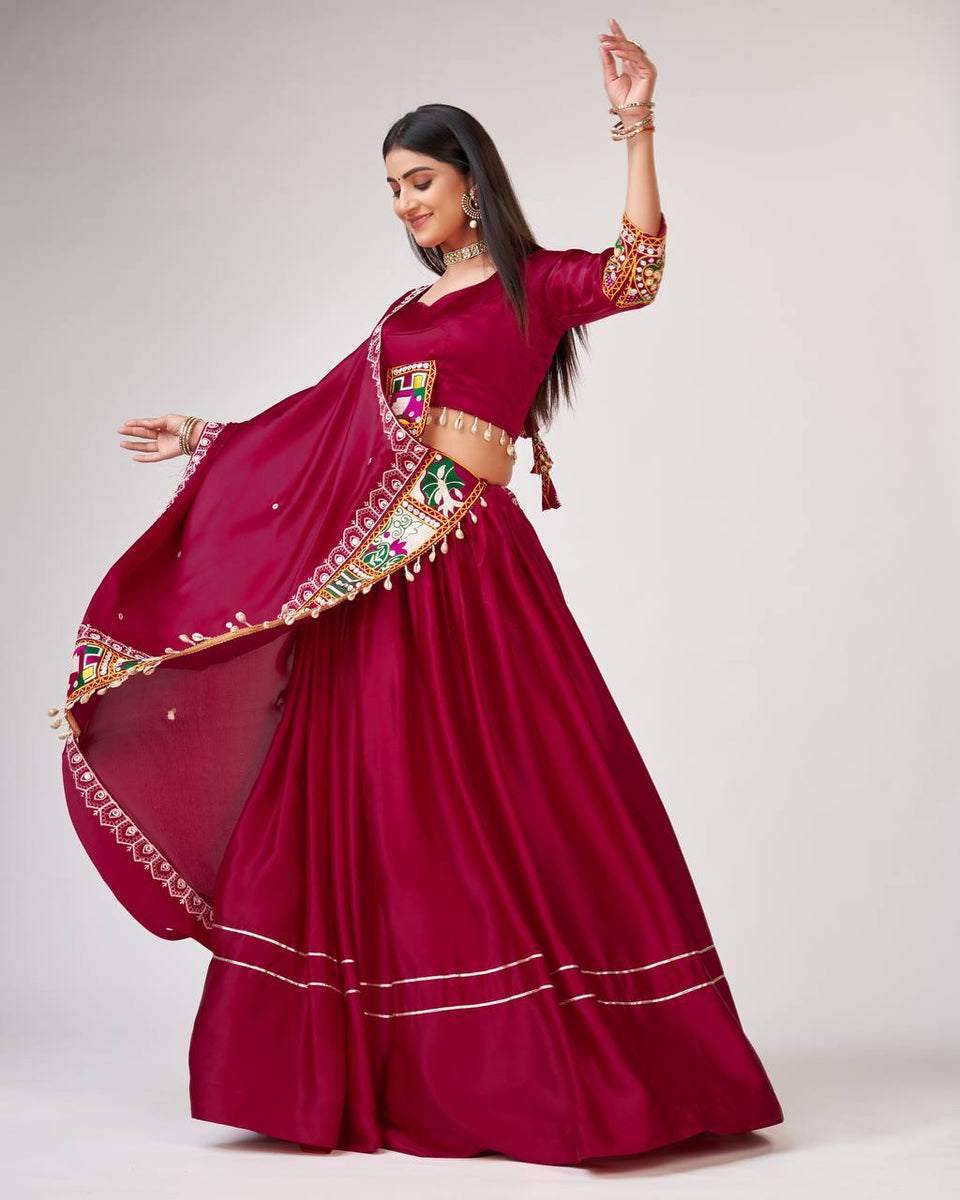 Pink And Black Navratri Chaniya Choli With Gamthi Lace Work With Mirror Work main image 0