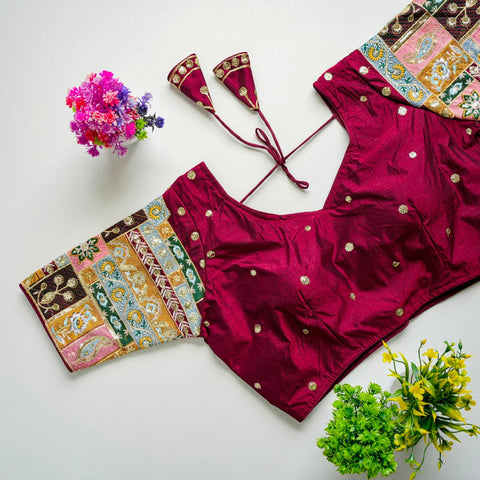Dark Pink Golden Embroidered Seoul Silk Blouse with Sequins ClothsVilla Main image