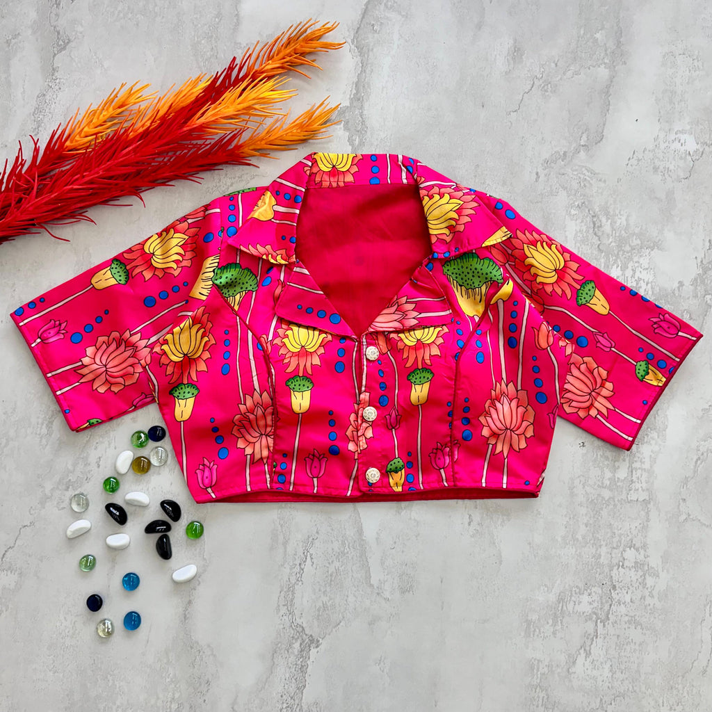 Dark Pink Kalamkari Print Blouse in Chilly Silk ClothsVilla