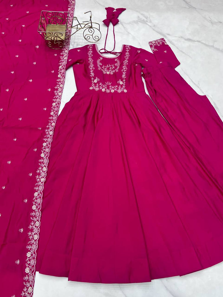 Dark Pink Luxury Roman Chanderi Silk Anarkali Gown Set with Hand Beads Work, 16-Kali Full Flare Design & Embroidered Dupatta ClothsVilla