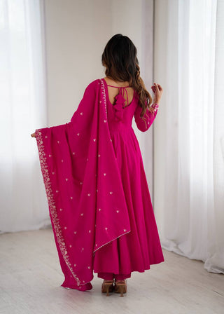 Dark Pink Luxury Roman Chanderi Silk Anarkali Gown Set with Hand Beads Work, 16-Kali Full Flare Design & Embroidered Dupatta ClothsVilla