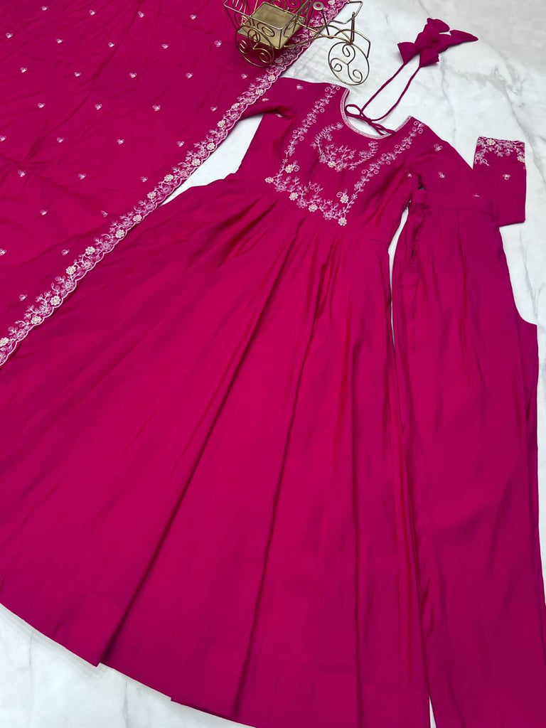 Dark Pink Luxury Roman Chanderi Silk Anarkali Gown Set with Hand Beads Work, 16-Kali Full Flare Design & Embroidered Dupatta ClothsVilla