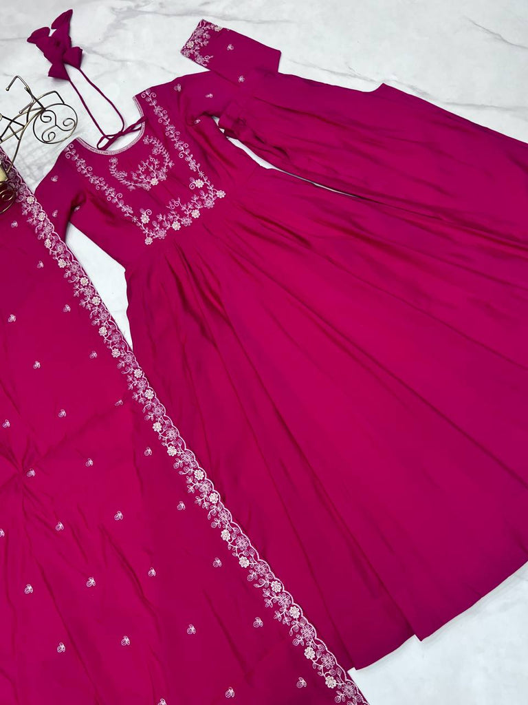 Dark Pink Luxury Roman Chanderi Silk Anarkali Gown Set with Hand Beads Work, 16-Kali Full Flare Design & Embroidered Dupatta ClothsVilla