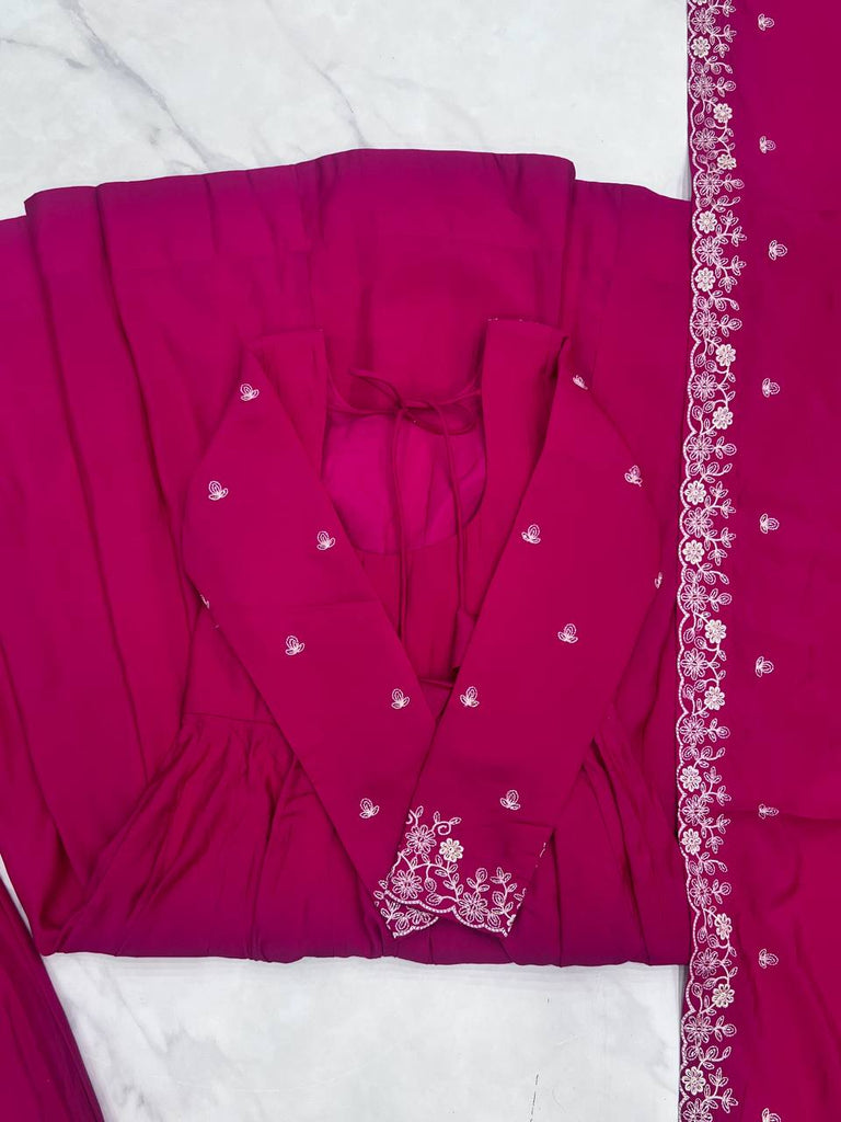 Dark Pink Luxury Roman Chanderi Silk Anarkali Gown Set with Hand Beads Work, 16-Kali Full Flare Design & Embroidered Dupatta ClothsVilla