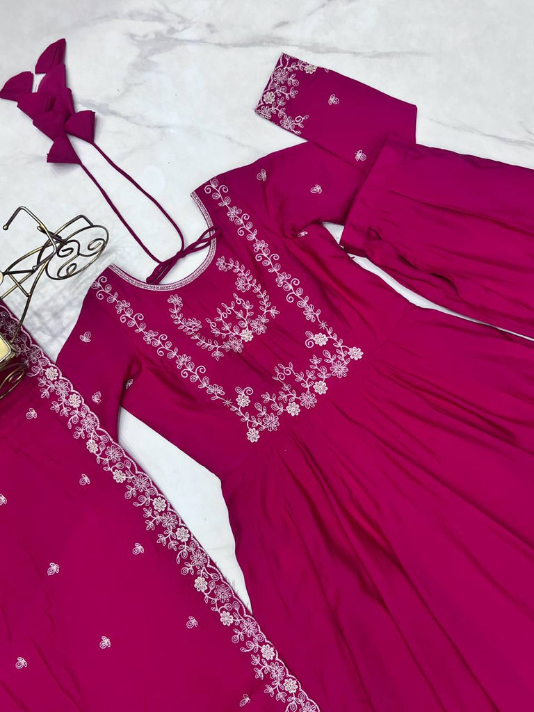 Dark Pink Luxury Roman Chanderi Silk Anarkali Gown Set with Hand Beads Work, 16-Kali Full Flare Design & Embroidered Dupatta ClothsVilla