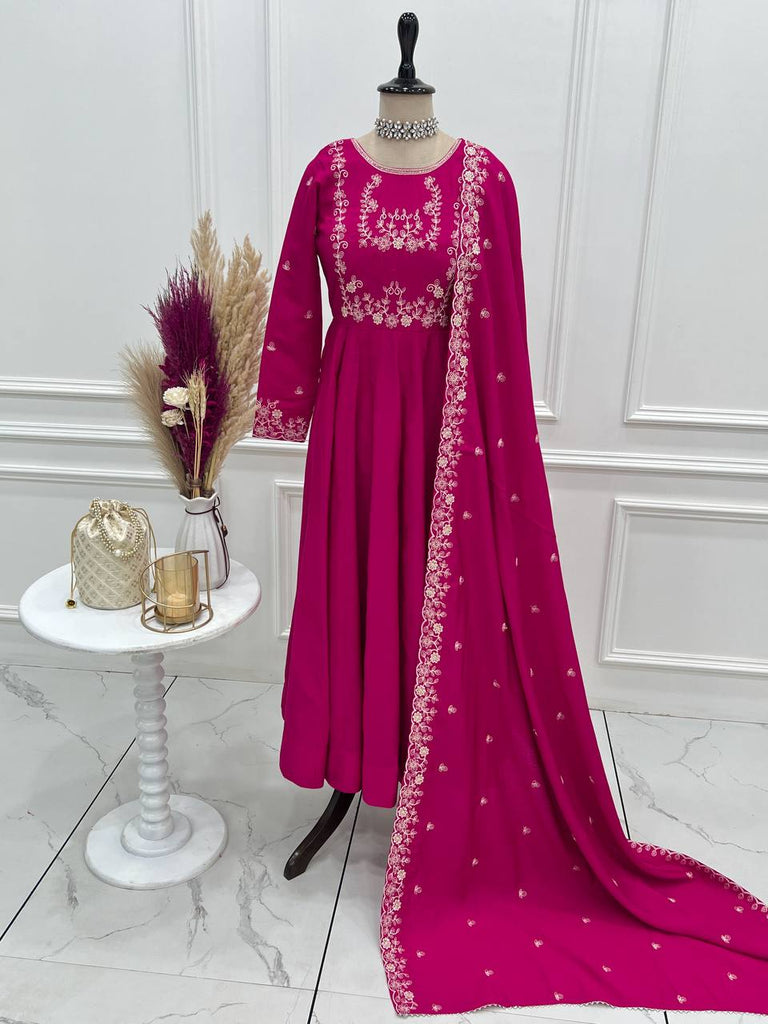 Dark Pink Luxury Roman Chanderi Silk Anarkali Gown Set with Hand Beads Work, 16-Kali Full Flare Design & Embroidered Dupatta ClothsVilla