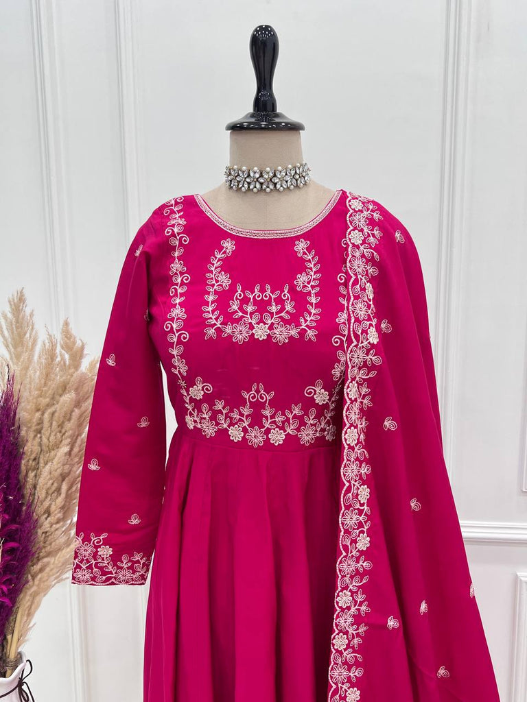 Dark Pink Luxury Roman Chanderi Silk Anarkali Gown Set with Hand Beads Work, 16-Kali Full Flare Design & Embroidered Dupatta ClothsVilla
