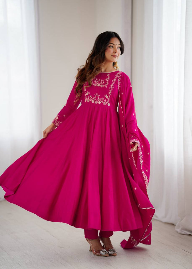 Dark Pink Luxury Roman Chanderi Silk Anarkali Gown Set with Hand Beads Work, 16-Kali Full Flare Design & Embroidered Dupatta ClothsVilla