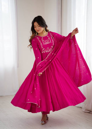 Dark Pink Luxury Roman Chanderi Silk Anarkali Gown Set with Hand Beads Work, 16-Kali Full Flare Design & Embroidered Dupatta ClothsVilla