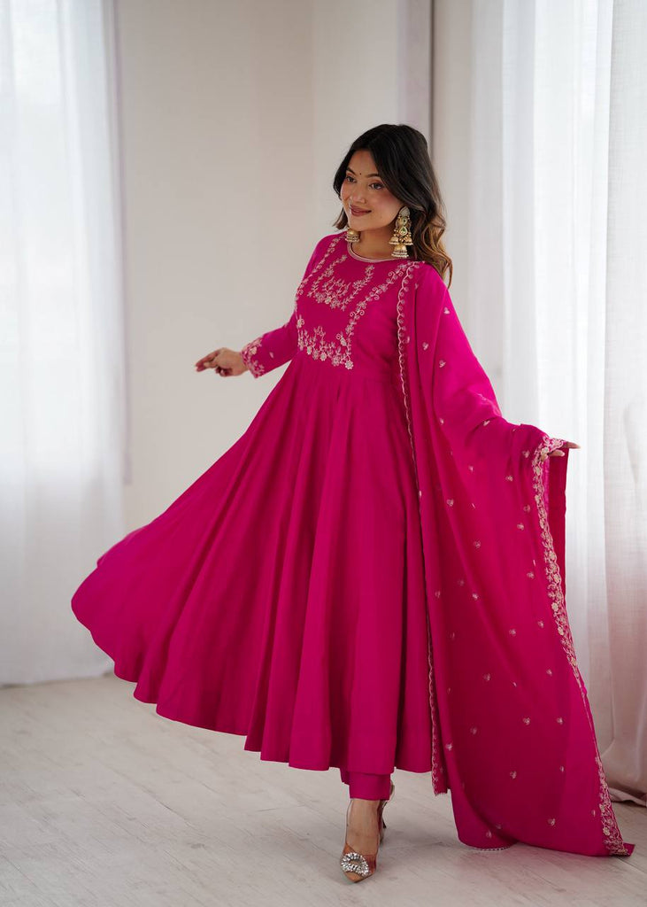 Dark Pink Luxury Roman Chanderi Silk Anarkali Gown Set with Hand Beads Work, 16-Kali Full Flare Design & Embroidered Dupatta ClothsVilla