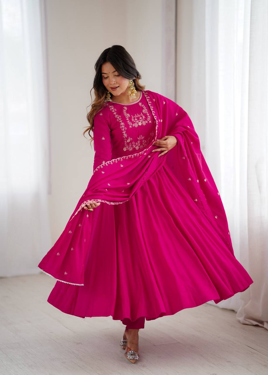 Dark Pink Luxury Roman Chanderi Silk Anarkali Gown Set with Hand Beads Work, 16-Kali Full Flare Design & Embroidered Dupatta ClothsVilla