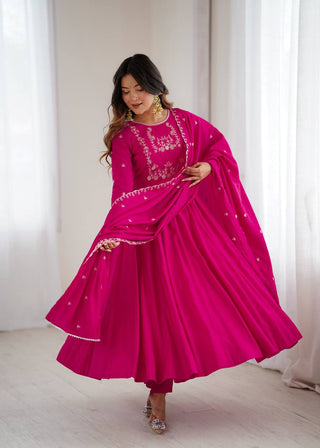 Dark Pink Luxury Roman Chanderi Silk Anarkali Gown Set with Hand Beads Work, 16-Kali Full Flare Design & Embroidered Dupatta ClothsVilla