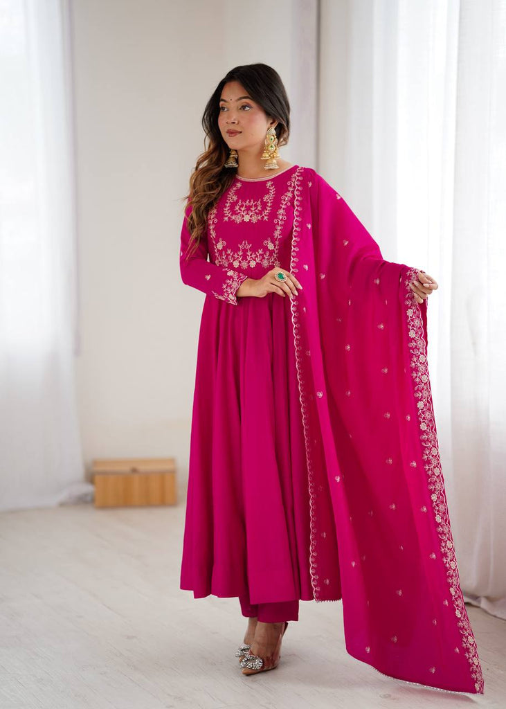 Dark Pink Luxury Roman Chanderi Silk Anarkali Gown Set with Hand Beads Work, 16-Kali Full Flare Design & Embroidered Dupatta ClothsVilla