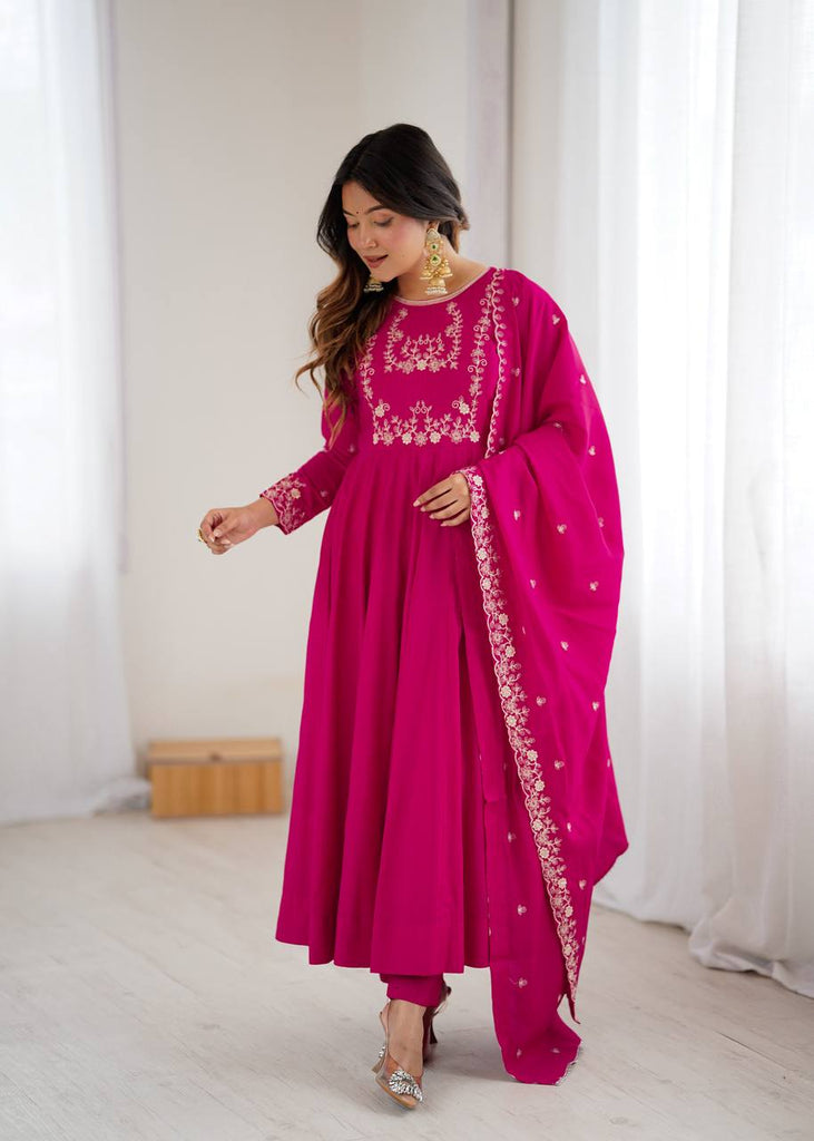 Dark Pink Luxury Roman Chanderi Silk Anarkali Gown Set with Hand Beads Work, 16-Kali Full Flare Design & Embroidered Dupatta ClothsVilla