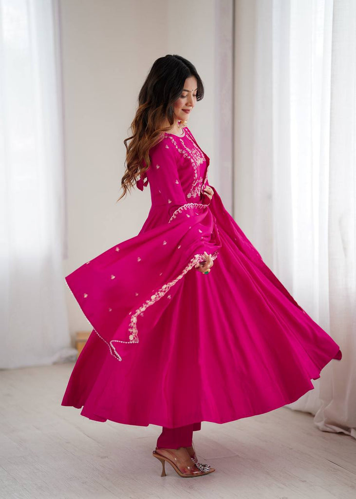 Dark Pink Luxury Roman Chanderi Silk Anarkali Gown Set with Hand Beads Work, 16-Kali Full Flare Design & Embroidered Dupatta ClothsVilla