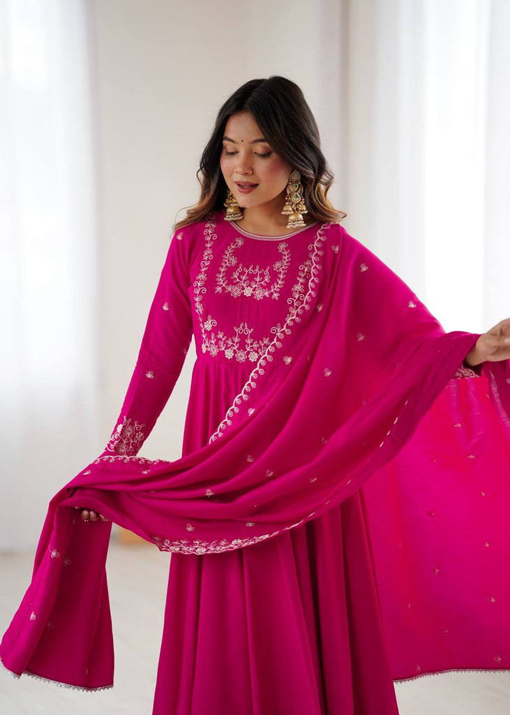 Dark Pink Luxury Roman Chanderi Silk Anarkali Gown Set with Hand Beads Work, 16-Kali Full Flare Design & Embroidered Dupatta ClothsVilla