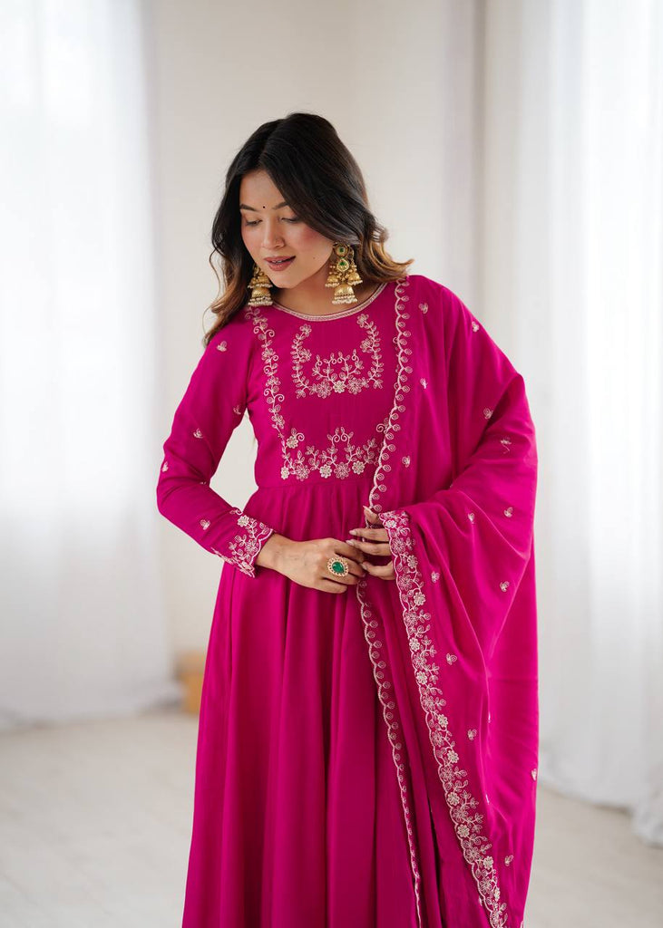 Dark Pink Luxury Roman Chanderi Silk Anarkali Gown Set with Hand Beads Work, 16-Kali Full Flare Design & Embroidered Dupatta ClothsVilla