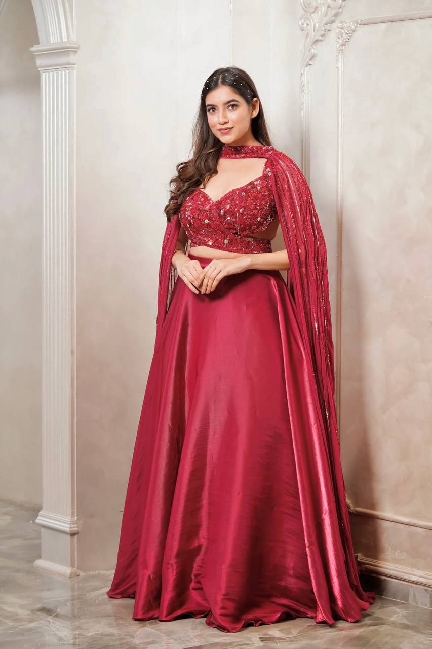 Dark Pink Mind-Blowing Japan Satin Silk Lehenga Set with Sequins & Thread Work Secondary image