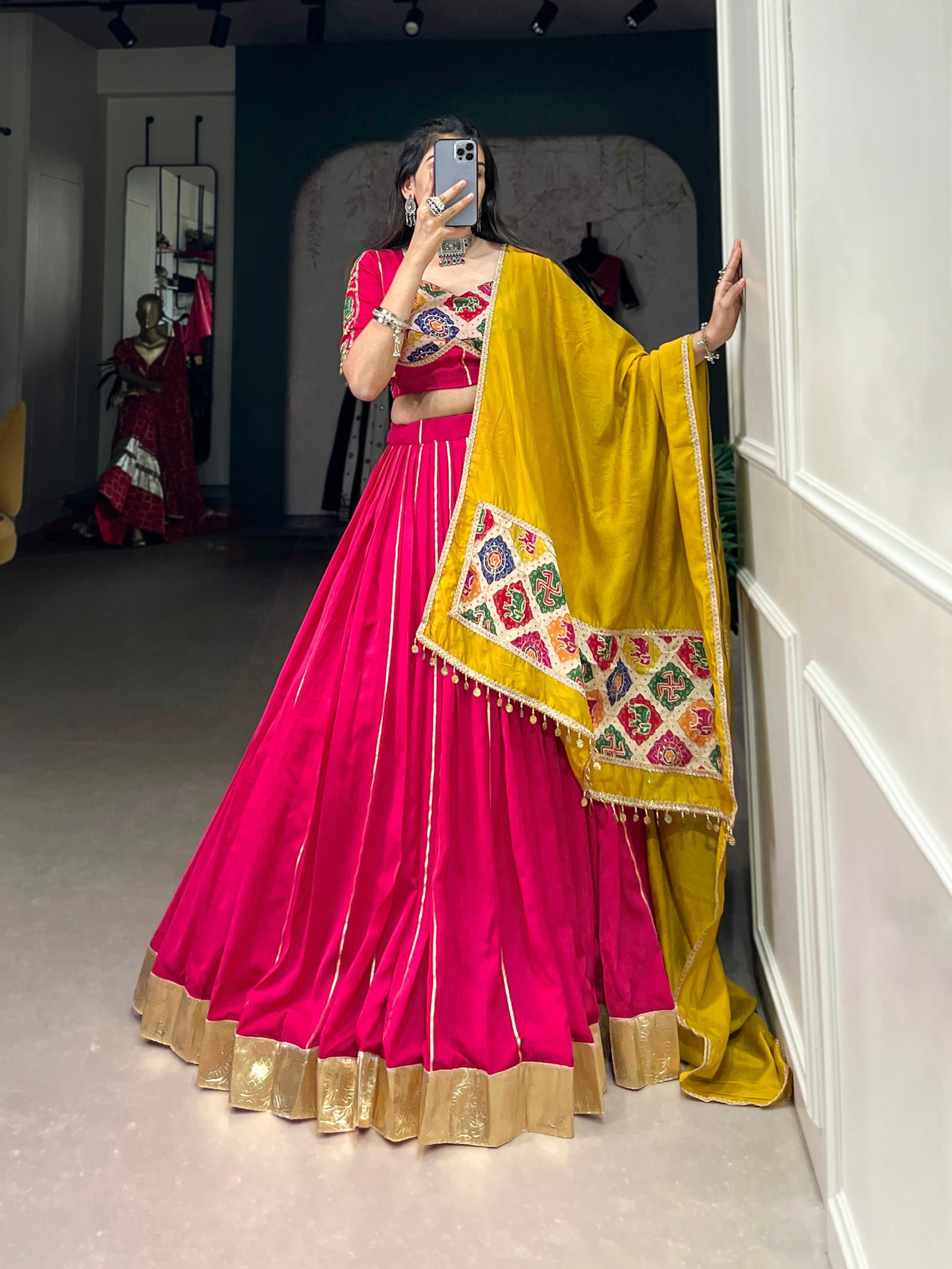 Dark Pink Navratri Glow Chanderi Lehenga with Zari and Gota Patti Elegance