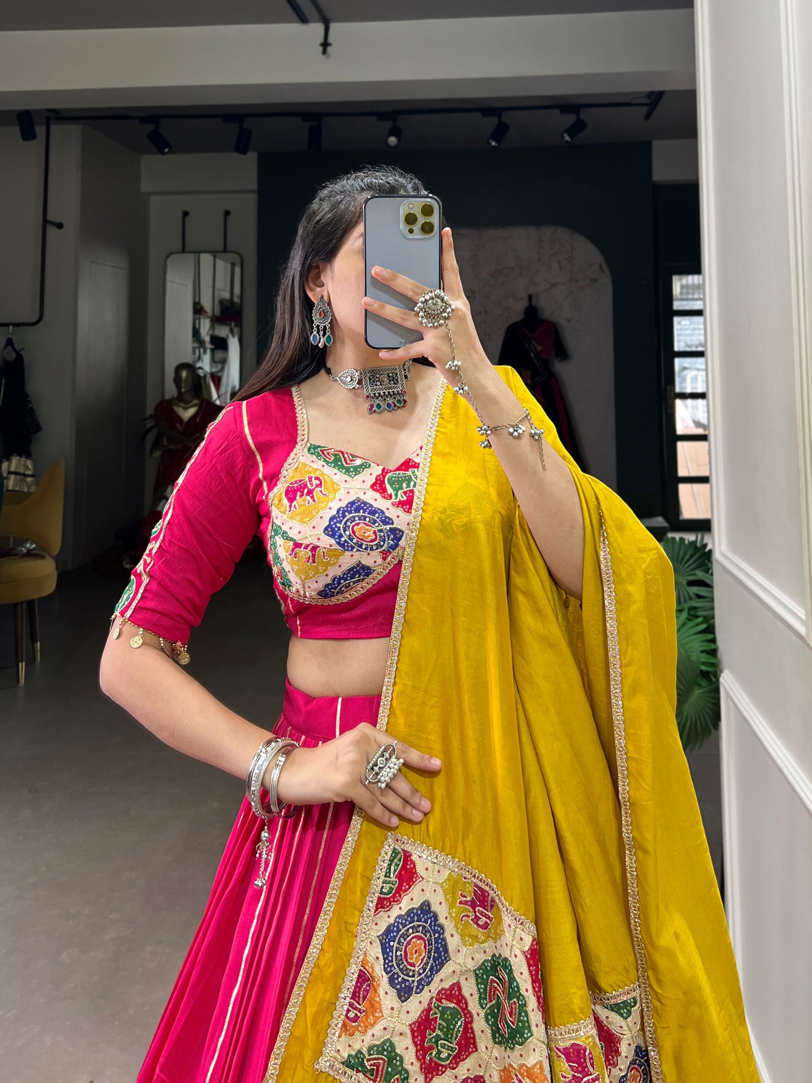 Dark Pink Navratri Glow Chanderi Lehenga with Zari and Gota Patti Elegance