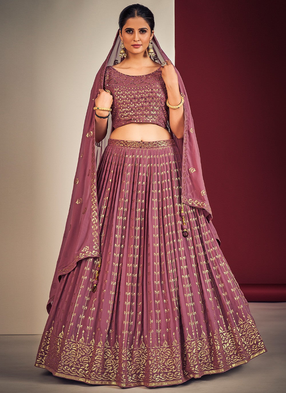 Dark Pink Pakistani Georgette Lehenga Choli For Indian Festivals & Weddings - Sequence Embroidery Work, Mirror Work Clothsvilla Main image