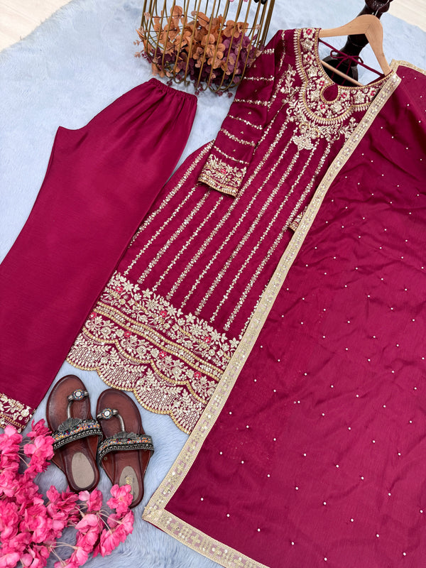 Dark Pink Premium Designer Readymade Top, Plazzo & Dupatta