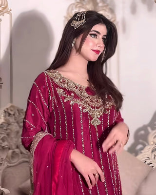 Dark Pink Premium Designer Readymade Top, Plazzo & Dupatta