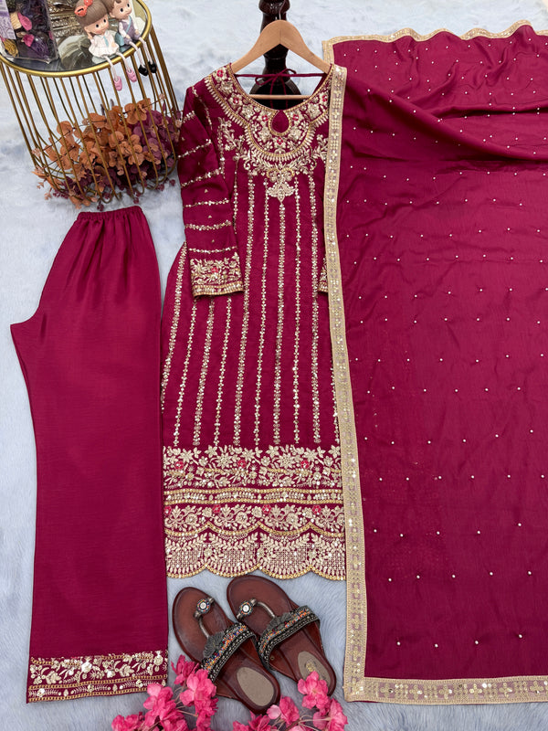 Dark Pink Premium Designer Readymade Top, Plazzo & Dupatta