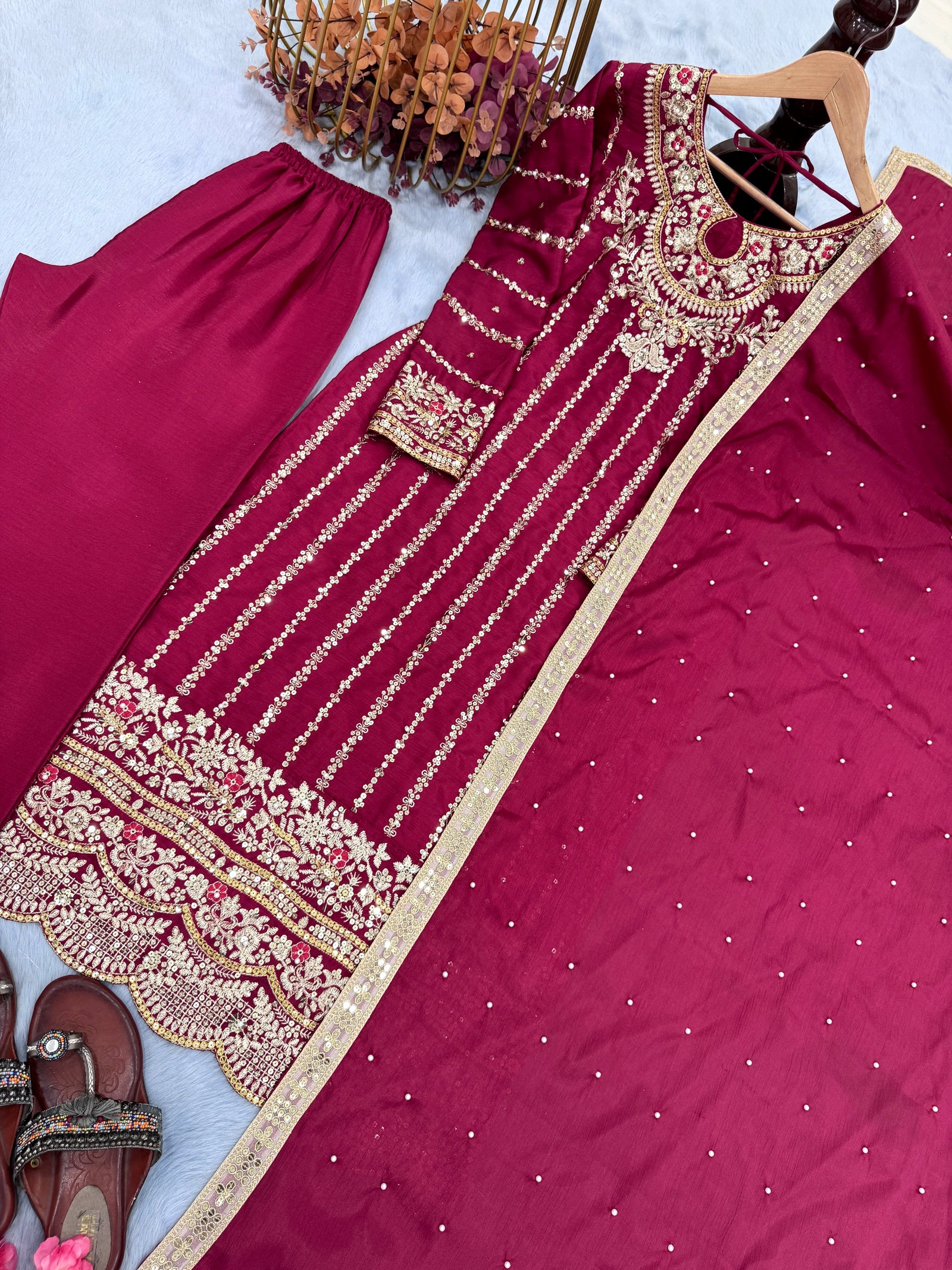 Dark Pink Premium Designer Readymade Top, Plazzo & Dupatta