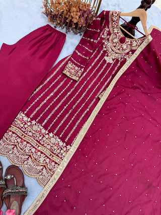 Dark Pink Premium Designer Readymade Top, Plazzo & Dupatta