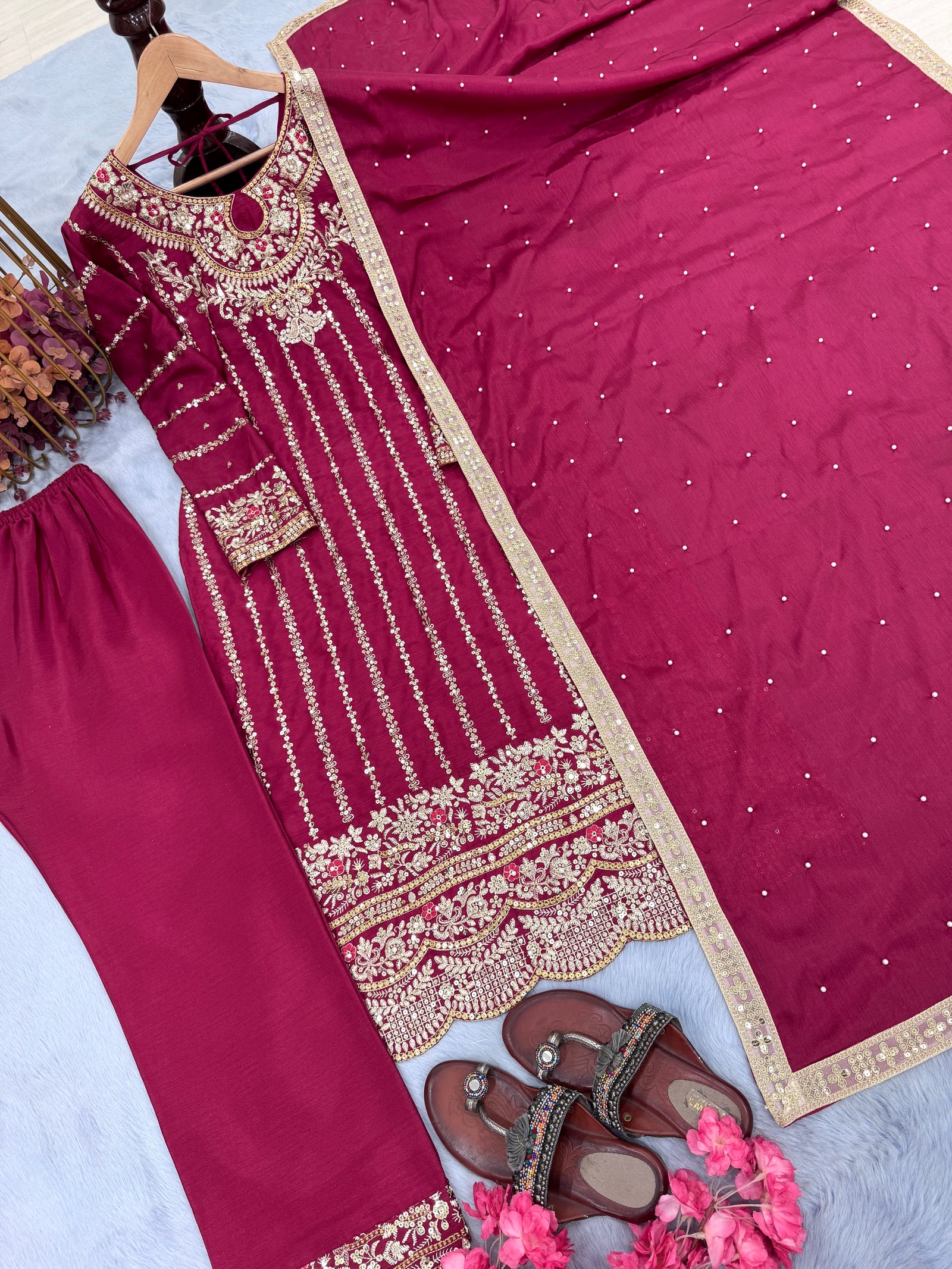 Dark Pink Premium Designer Readymade Top, Plazzo & Dupatta