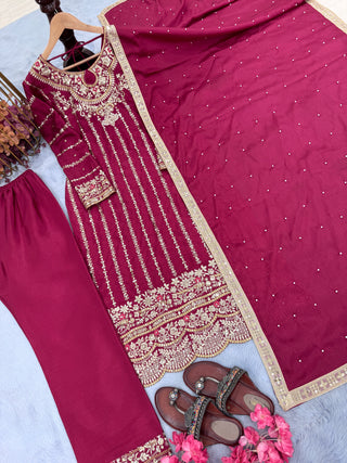 Dark Pink Premium Designer Readymade Top, Plazzo & Dupatta