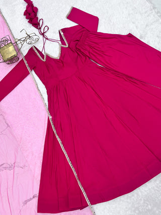 Dark Pink Silk Chanderi Anarkali Set ClothsVilla