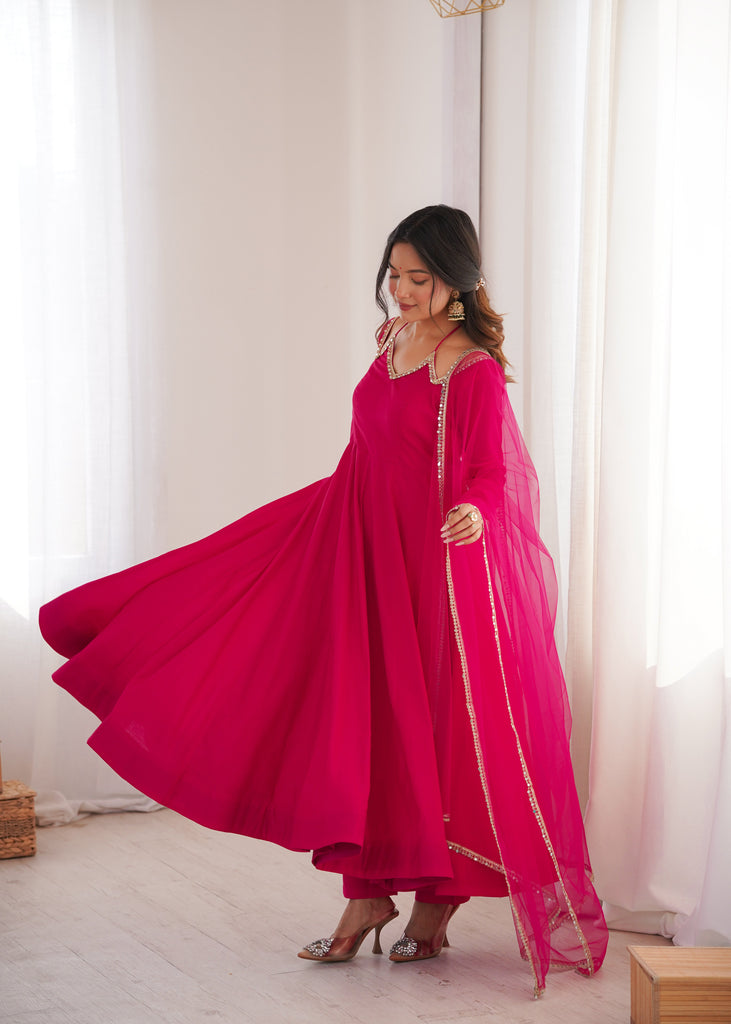Dark Pink Silk Chanderi Anarkali Set ClothsVilla