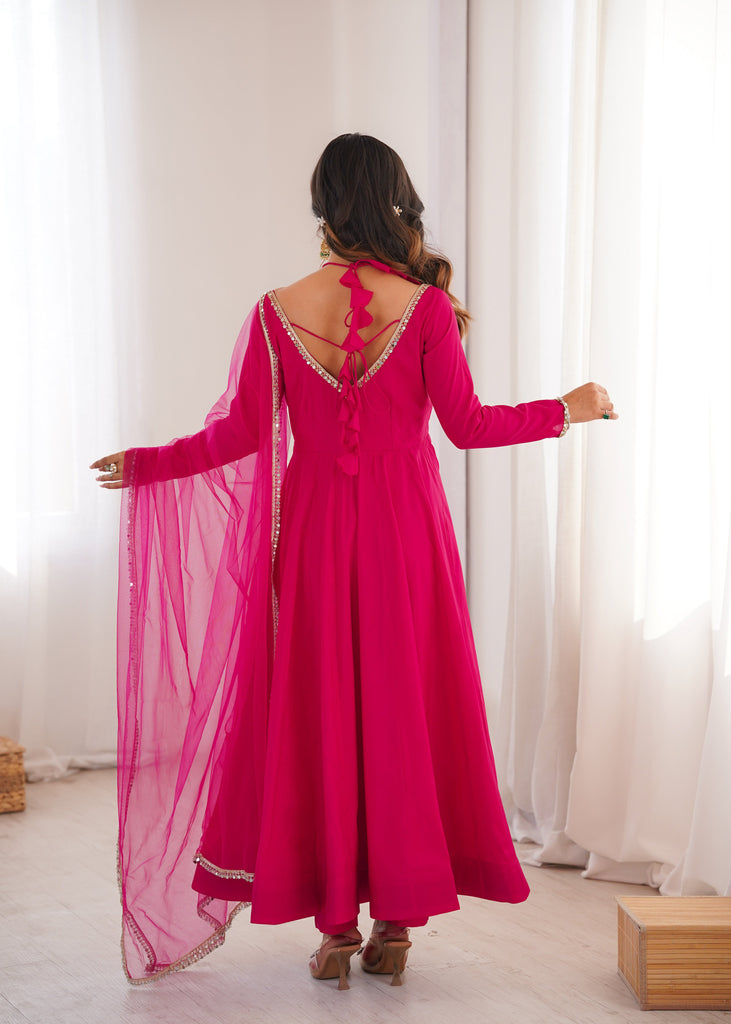 Dark Pink Silk Chanderi Anarkali Set ClothsVilla