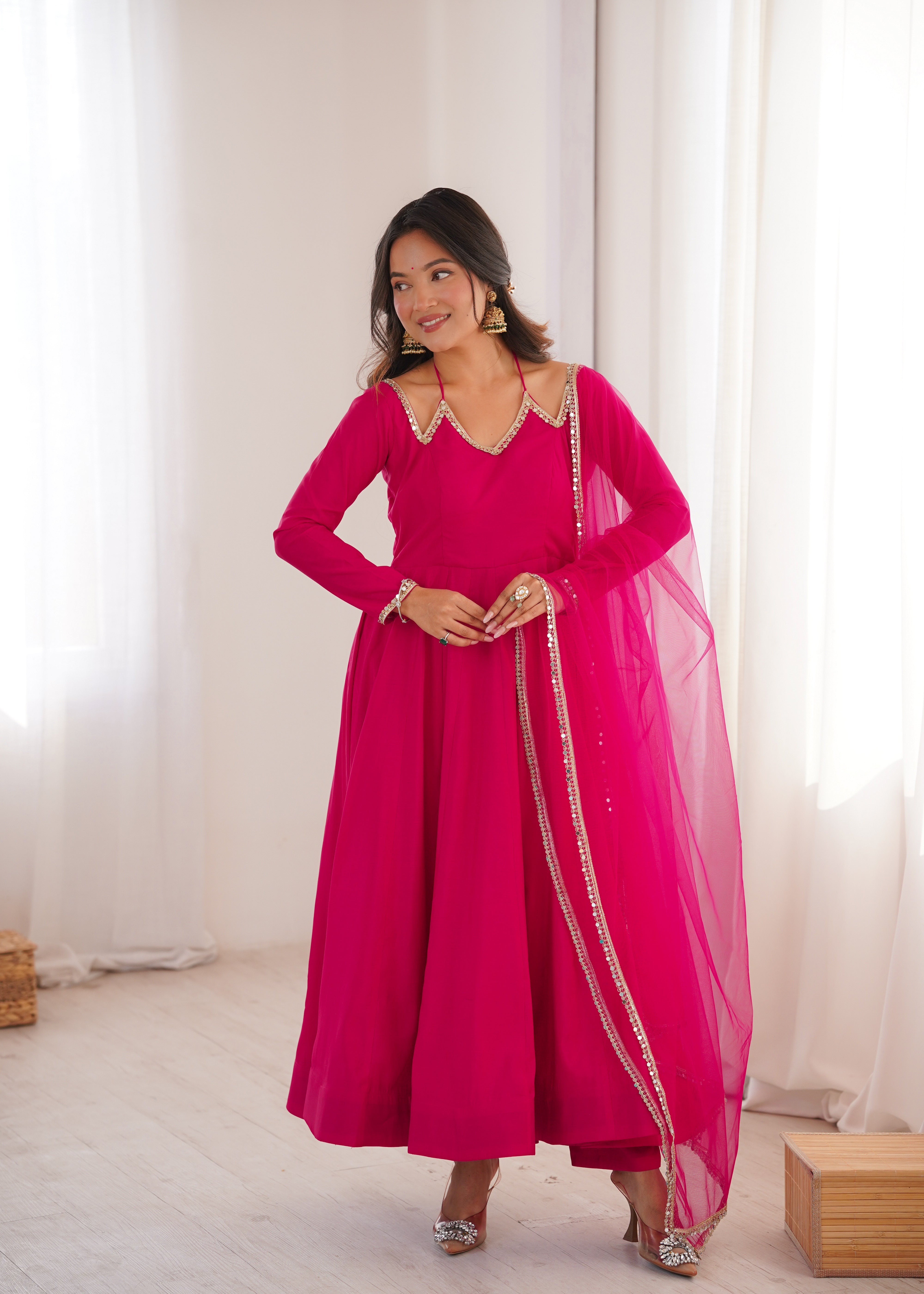 Dark Pink Silk Chanderi Anarkali Set Secondary image