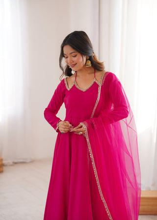 Dark Pink Silk Chanderi Anarkali Set ClothsVilla