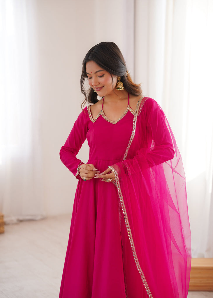 Dark Pink Silk Chanderi Anarkali Set ClothsVilla