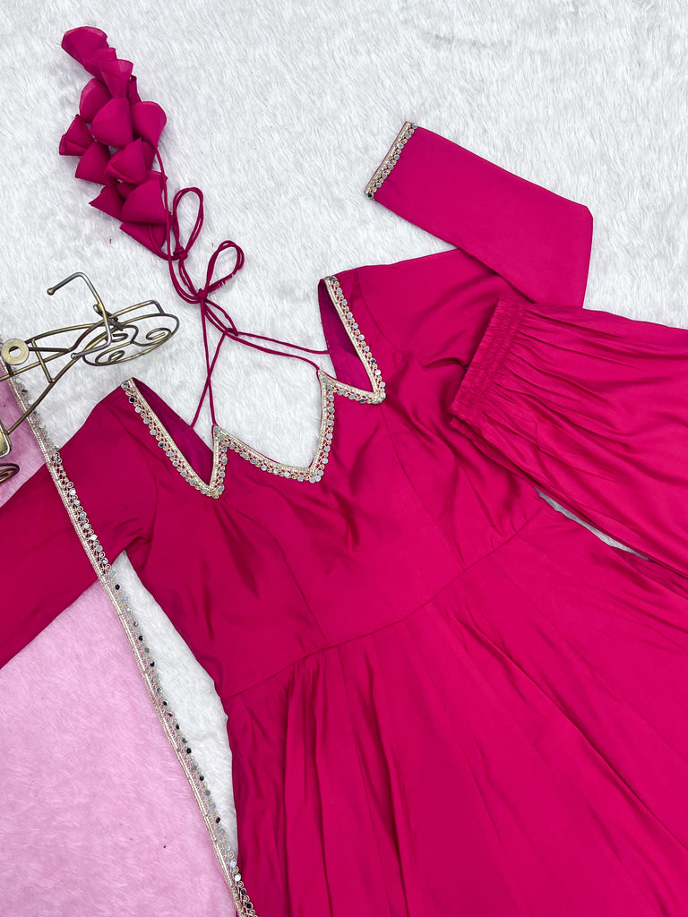 Dark Pink Silk Chanderi Anarkali Set ClothsVilla