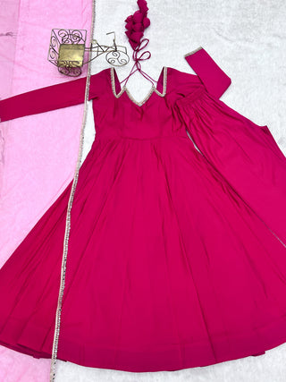 Dark Pink Silk Chanderi Anarkali Set ClothsVilla