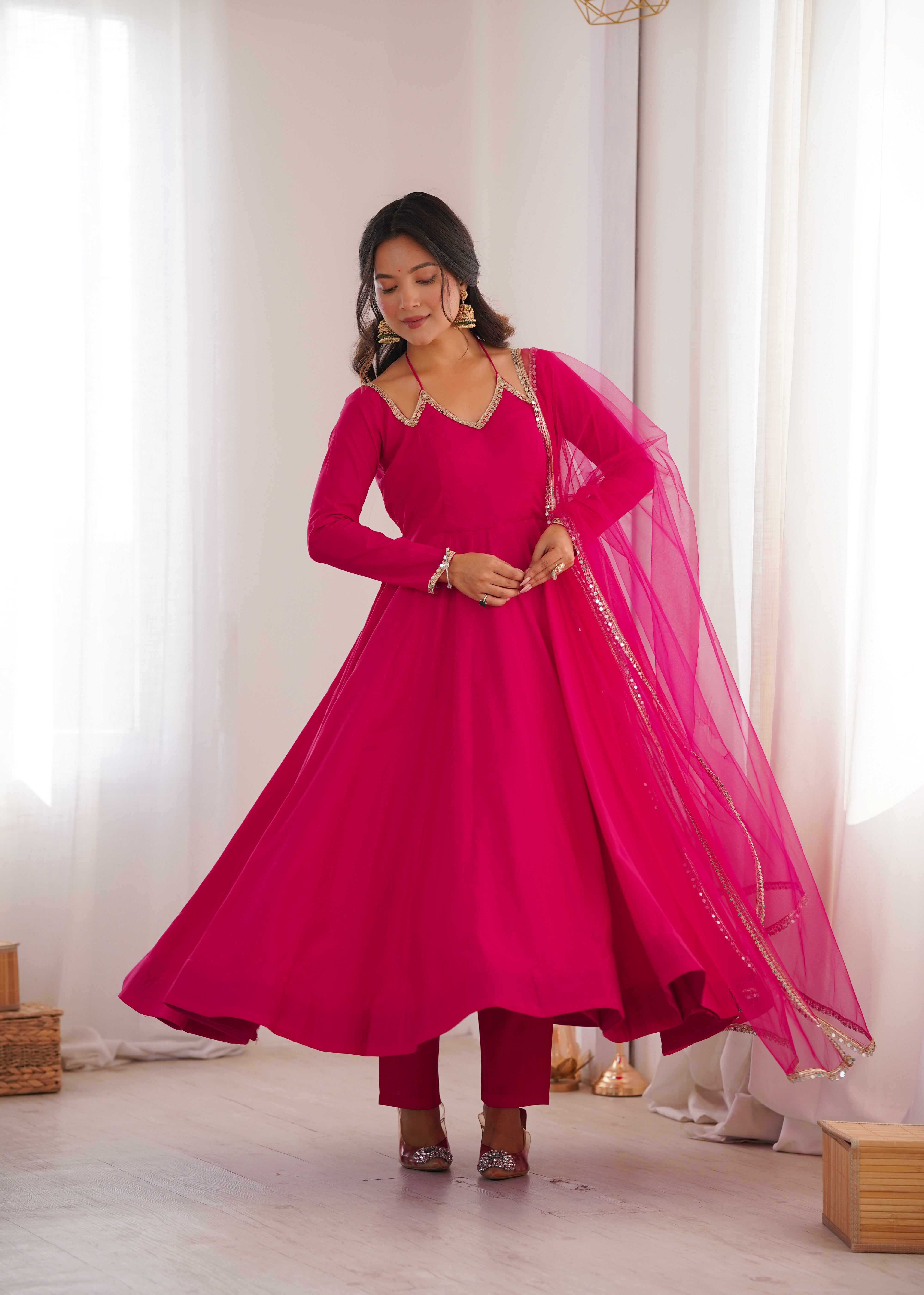 Dark Pink Silk Chanderi Anarkali Set ClothsVilla Main image