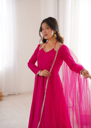Dark Pink Silk Chanderi Anarkali Set ClothsVilla
