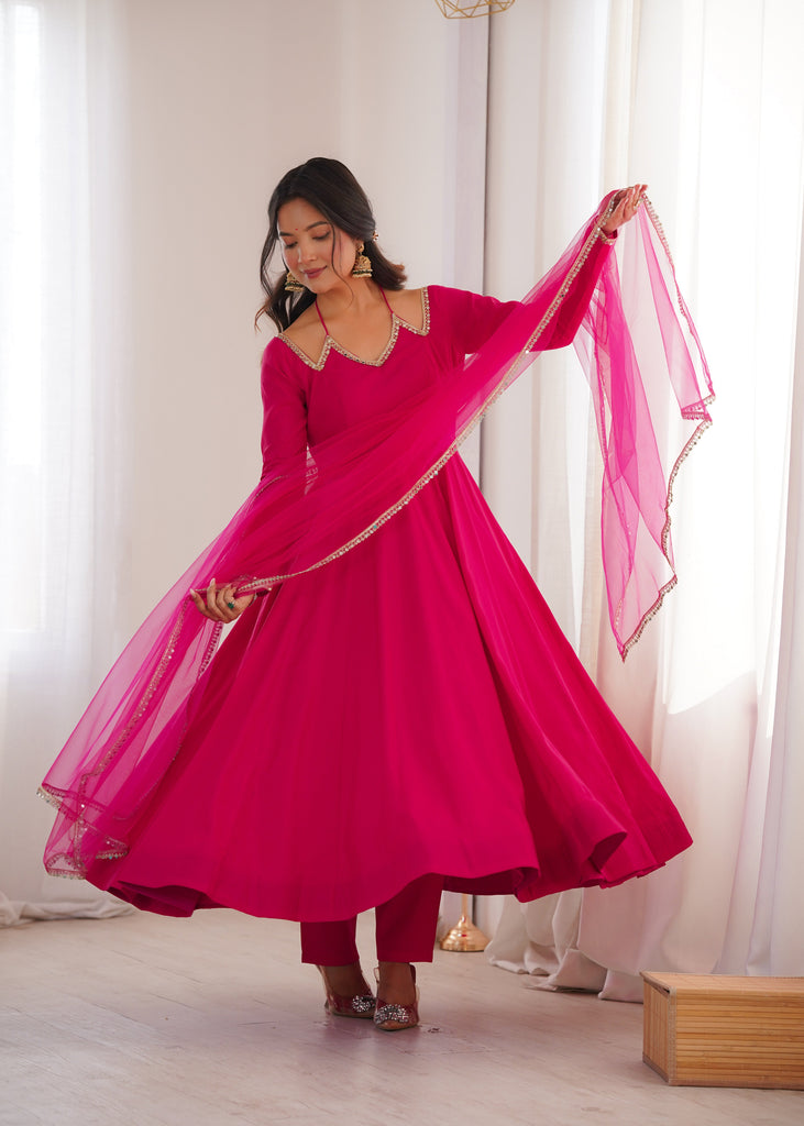 Dark Pink Silk Chanderi Anarkali Set ClothsVilla