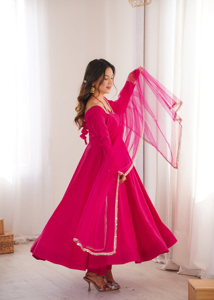 Dark Pink Silk Chanderi Anarkali Set ClothsVilla