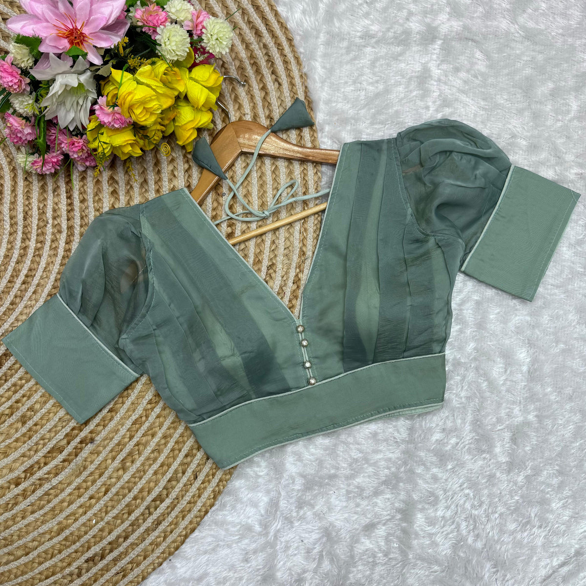 Dark Pista Color Metallic Jari Blouse with Ruffled Pattern and Balloon Sleeves ClothsVilla Main image