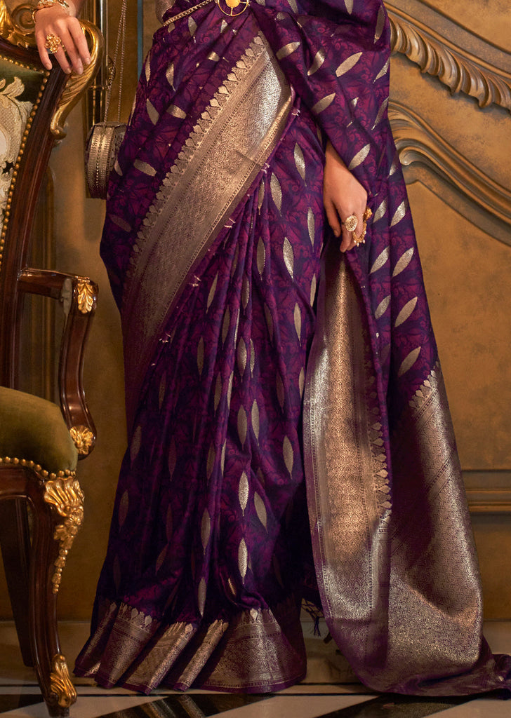 Dark Purple Classic Banarasi Silk Blend Saree – Perfect for Weddings & Festive Occasions ClothsVilla