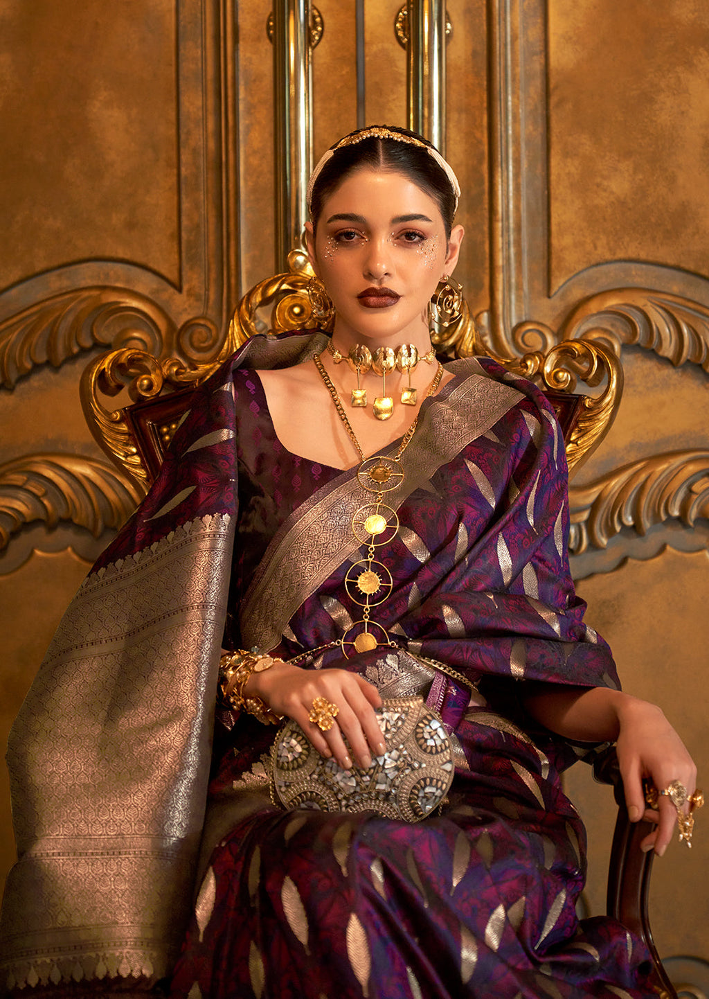 Dark Purple Classic Banarasi Silk Blend Saree – Perfect for Weddings & Festive Occasions ClothsVilla